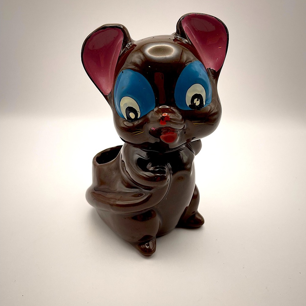 Vintage, Ceramic Brown Mouse Planter with Huge Blue Eyes, Red Nose and Lips!